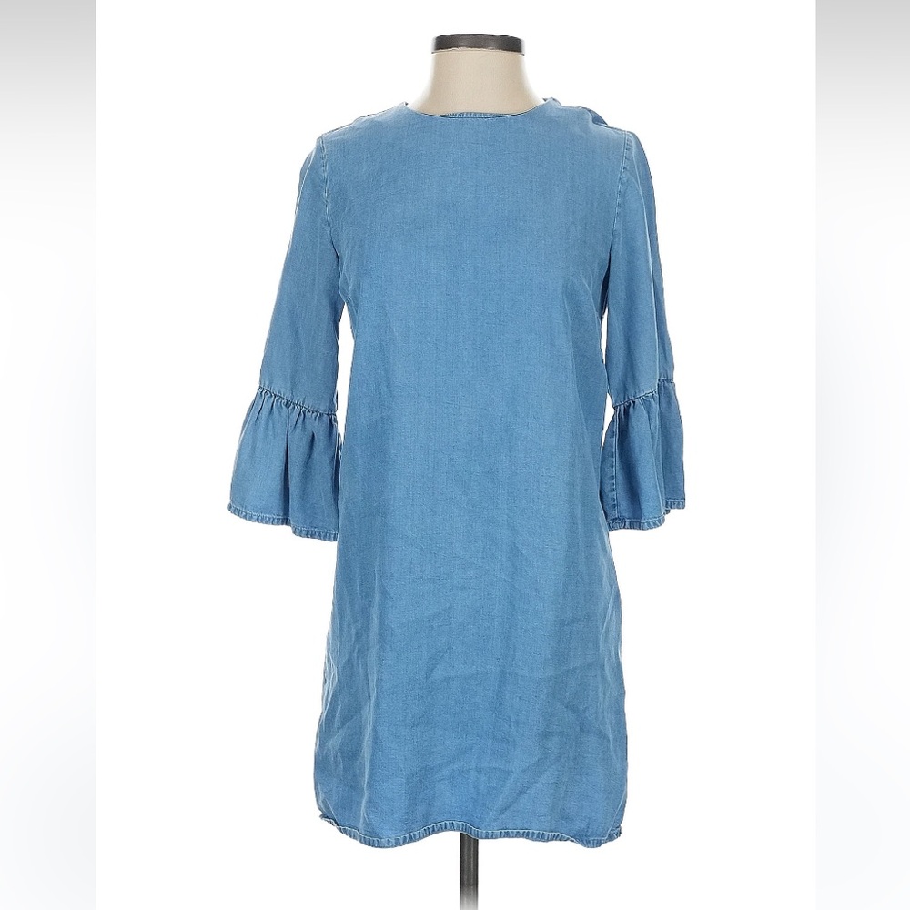 Zara Woman Premium Denim Blue Chambray Shift Dress Size XS Ruffled Bell Sleeves